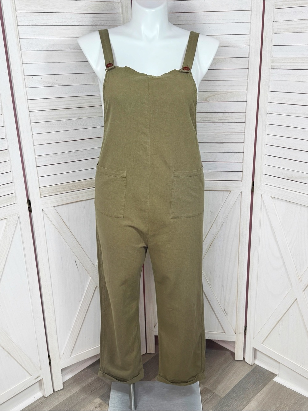 Emery Rose Cotton Front‎ Pocket Cuffed Overalls Jumpsuit Olive Green Large